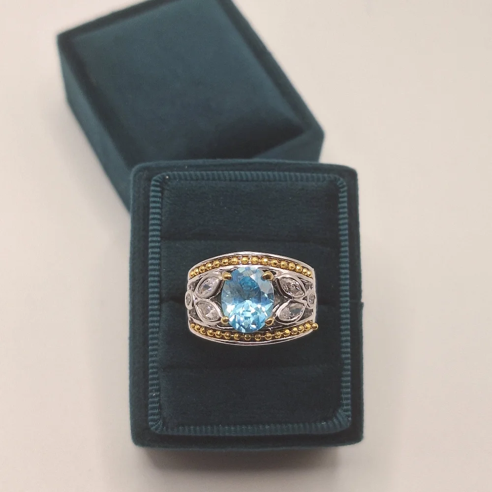 Blue Swarovski Crystal Oval Ring | Two-Tone Silver & Gold | Size 7